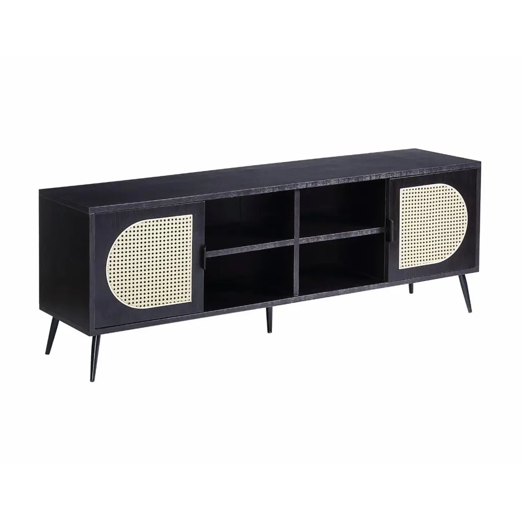ACME Colson 2-Door Wooden TV Stand Rattan Insert Black, Rectangular Entertainment Center Acme Furniture