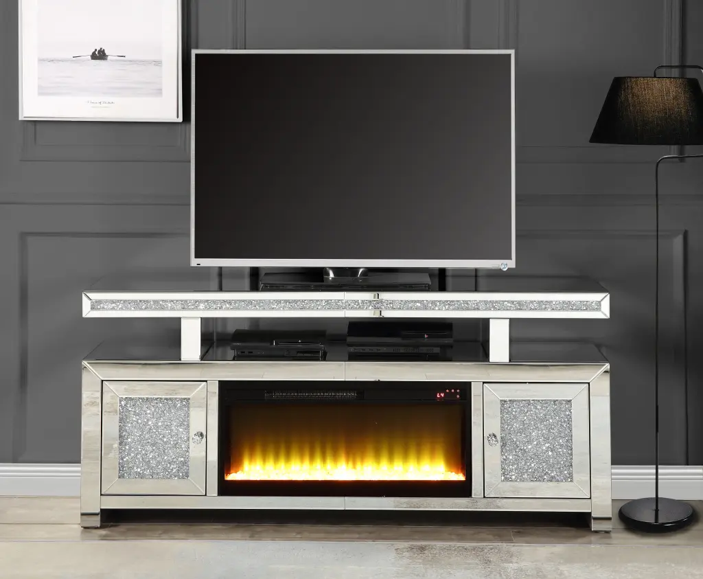 Noralie TV Stand Fireplace Mirrored & Faux Gemstones Shiny Metal Design acme onsite store