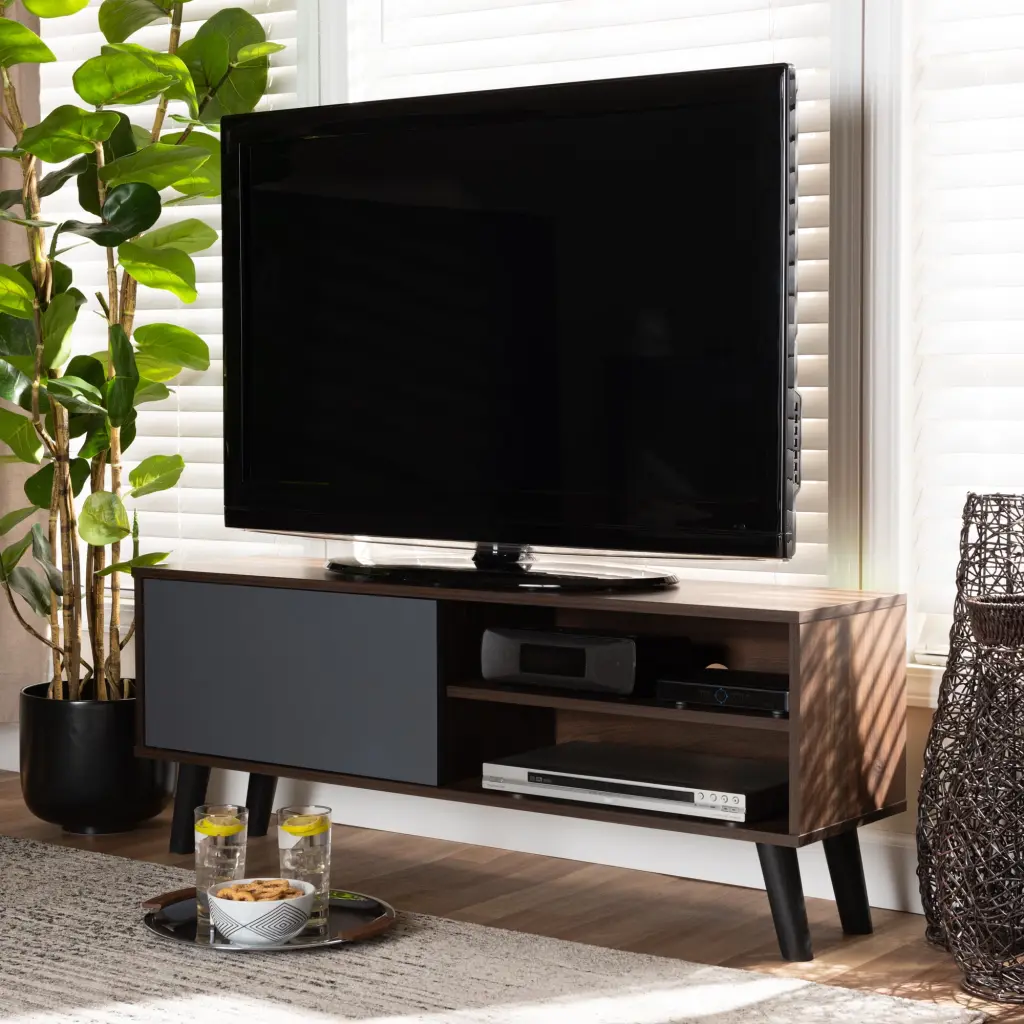 Baxton Studio Mallory Modern Two-Tone Walnut Brown Grey Wood TV Stand