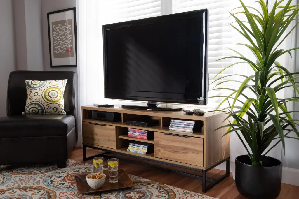Baxton Studio Reid Modern Industrial Oak Wood Black Metal 2-Drawer TV Stand