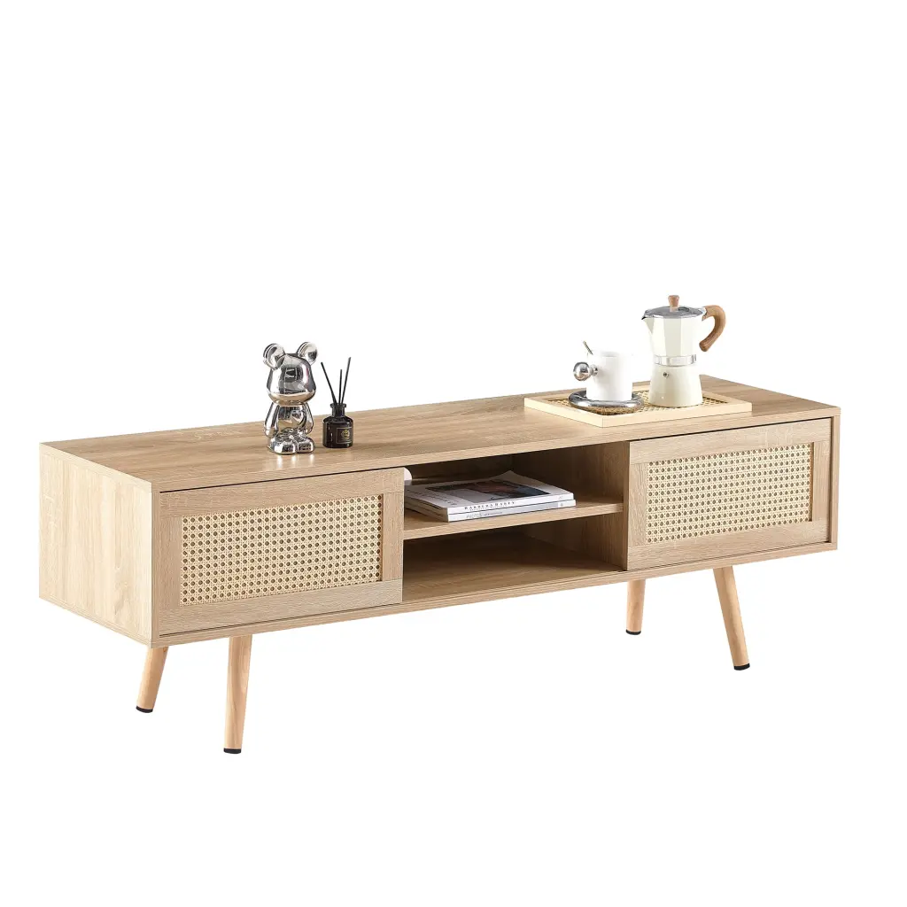 BEKAY Rattan TV Cabinet Open Storage Shelves Double Doors Solid Wood Legs Media Console