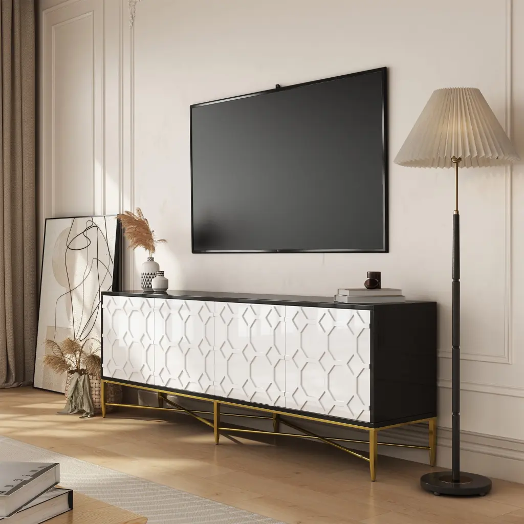 Boyel Living Modern White TV Stand Up to 80 Inch TV 4 Door Storage Cabinet