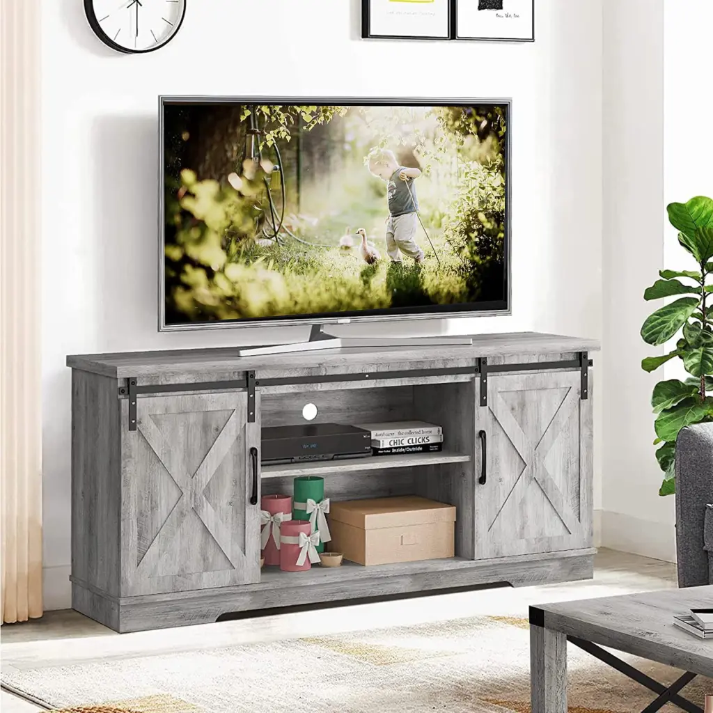 BROADFASHION Modern Farmhouse TV Stand Sliding Barn Doors 58 Inch Entertainment Center 65 Inch TVs