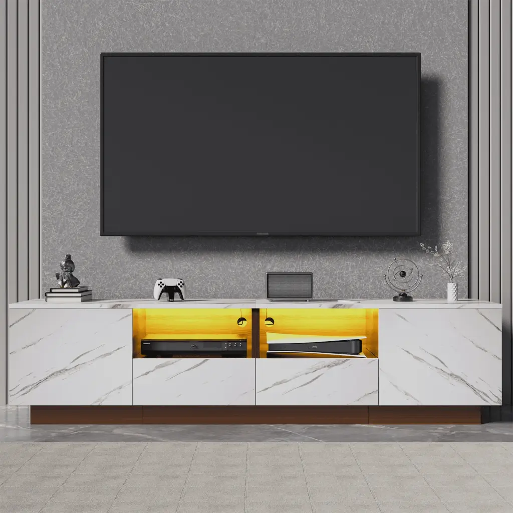 Modern LED TV Stand 75 Inch TVs - High Gloss Entertainment Center Storage Marble Walnut Buenhomino