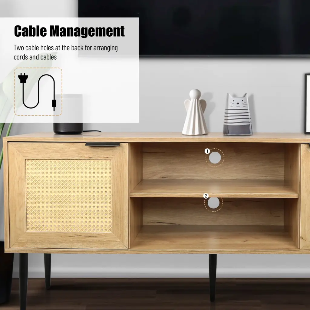 Canddidliike Wooden TV Stand 65 Inch TVs Rattan Doors and Open Shelves Natural Console Table