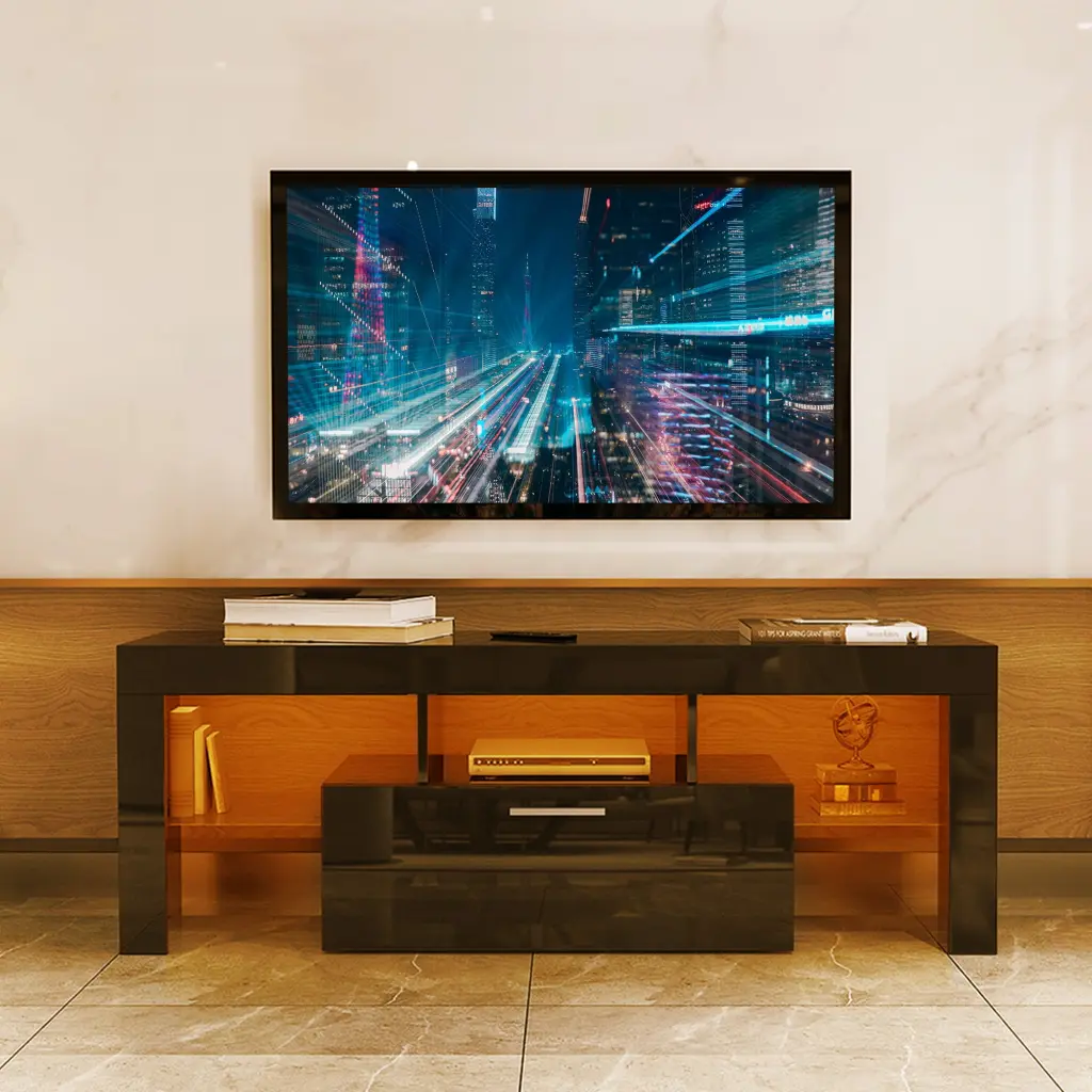 Modern TV Stand 55 Inch TV LED Light Storage Drawer and Glass Shelf COPFASTOK