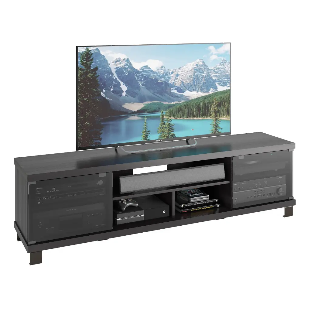 CorLiving Holland Contemporary Black Engineered Wood TV Stand Glass Door Cabinets TVs up to 85 Inches