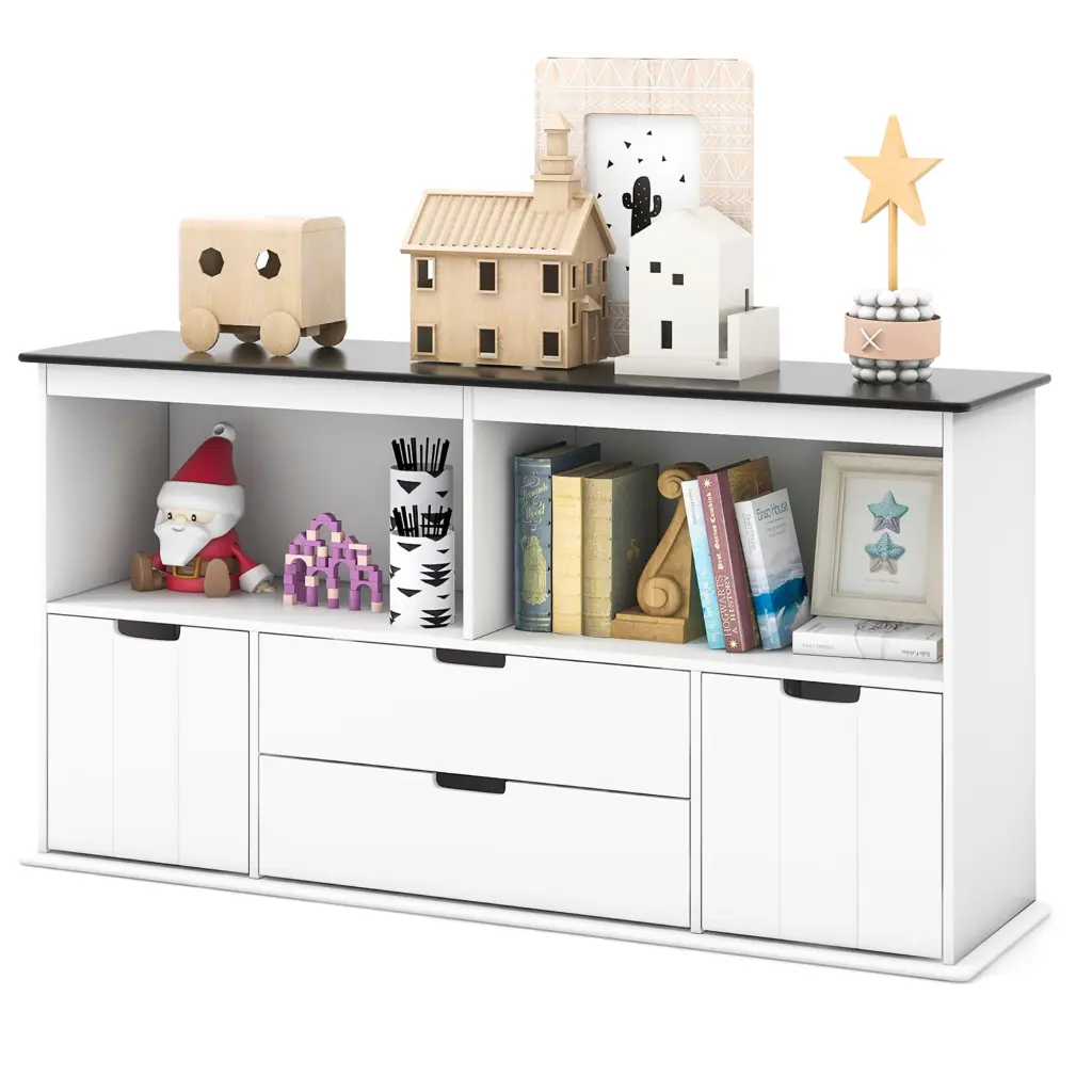 Costway Kids Toy Storage Organizer Wooden Bookshelf TV Stand Drawers Blackboard Top