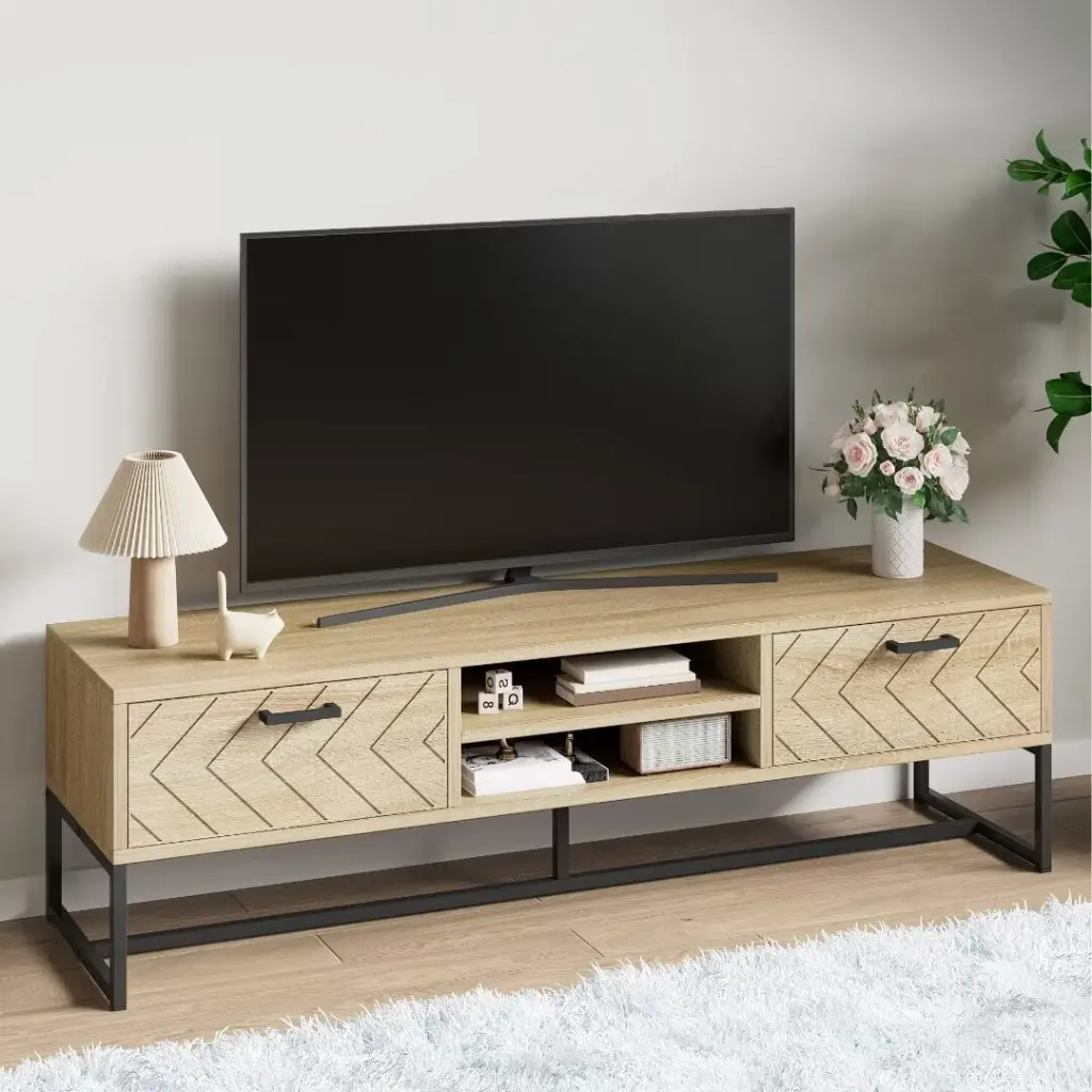 Wooden TV Stand 65 Inch TV Storage Shelves Oak Console Table Living Room CuisinSmart