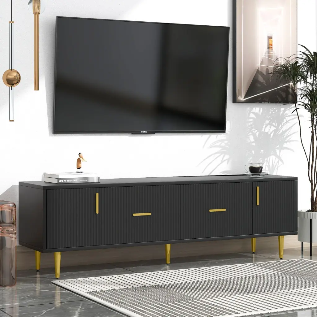 DEALTOPS Modern TV Stand 2 Drawers and 2 Cabinets TVs up to 70 Inches Black Spacious Storage