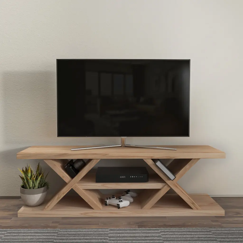 Massi 53 Inch Solid Wood Rustic TV Stand Natural Oak Finish up to 65 Inch TVs Decorotika
