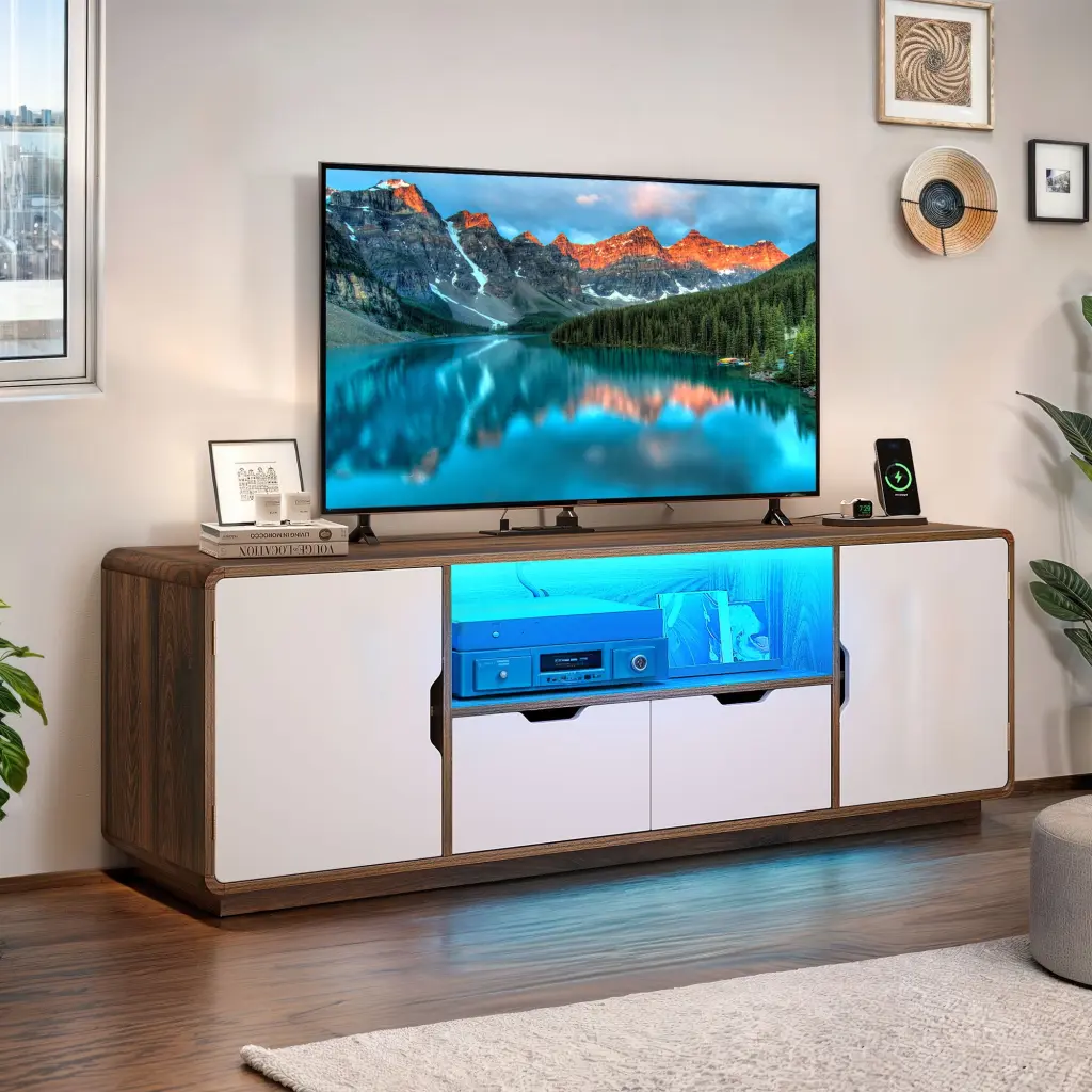 Dextrus Modern White and Brown LED TV Stand Power Outlet 55-65 Inch TVs