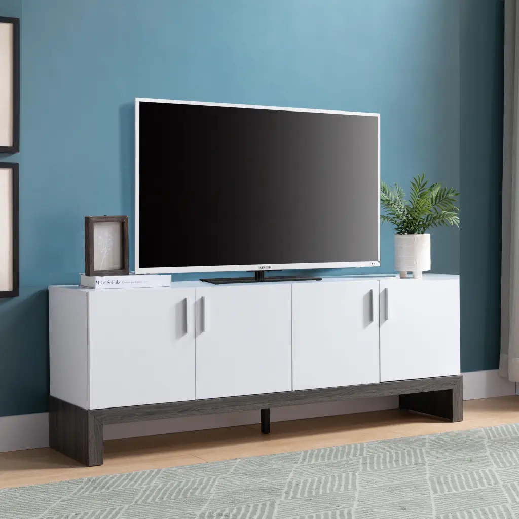Modern White TV Stand Chunky Wooden Legs and Two Large Storage Cabinets DJ Corp Design
