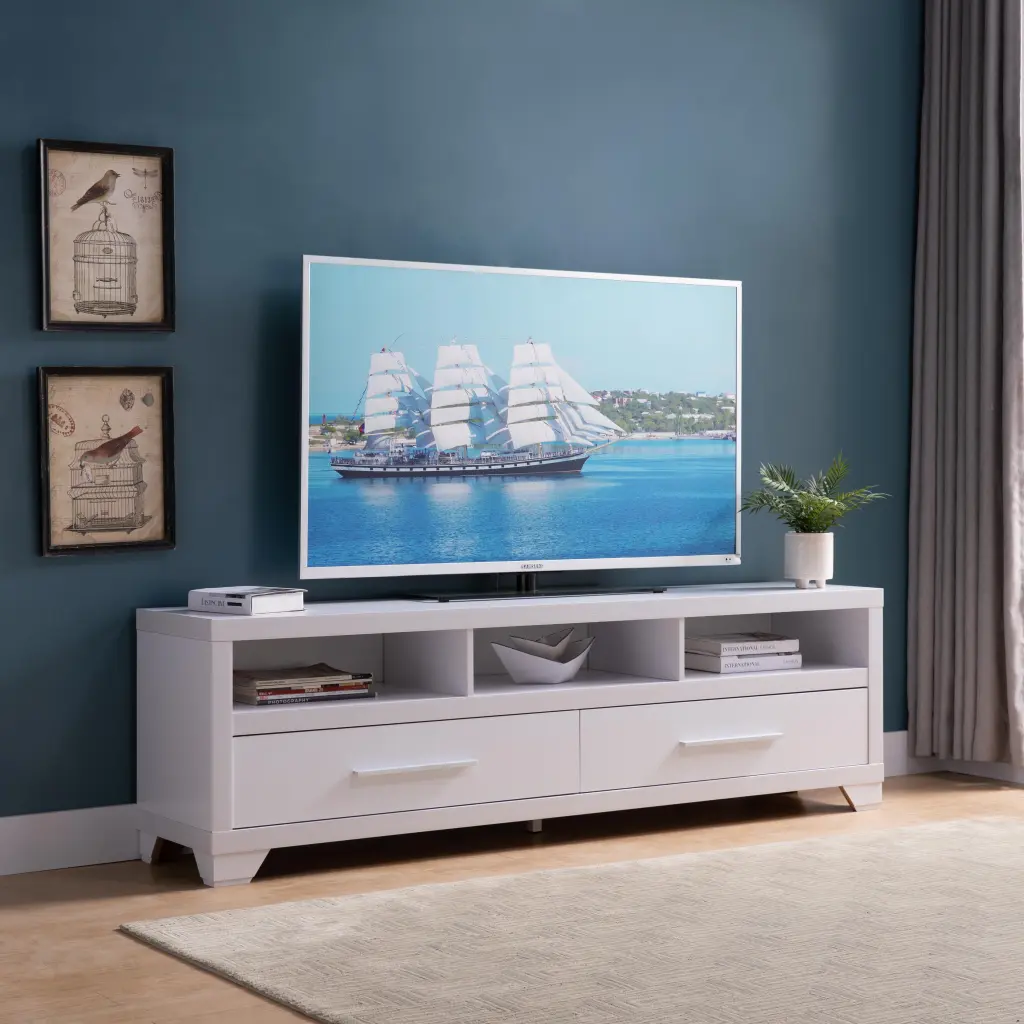 White Modern 65 Inch TV Entertainment Console 3 Shelves and 2 Drawers DJ Corp Design