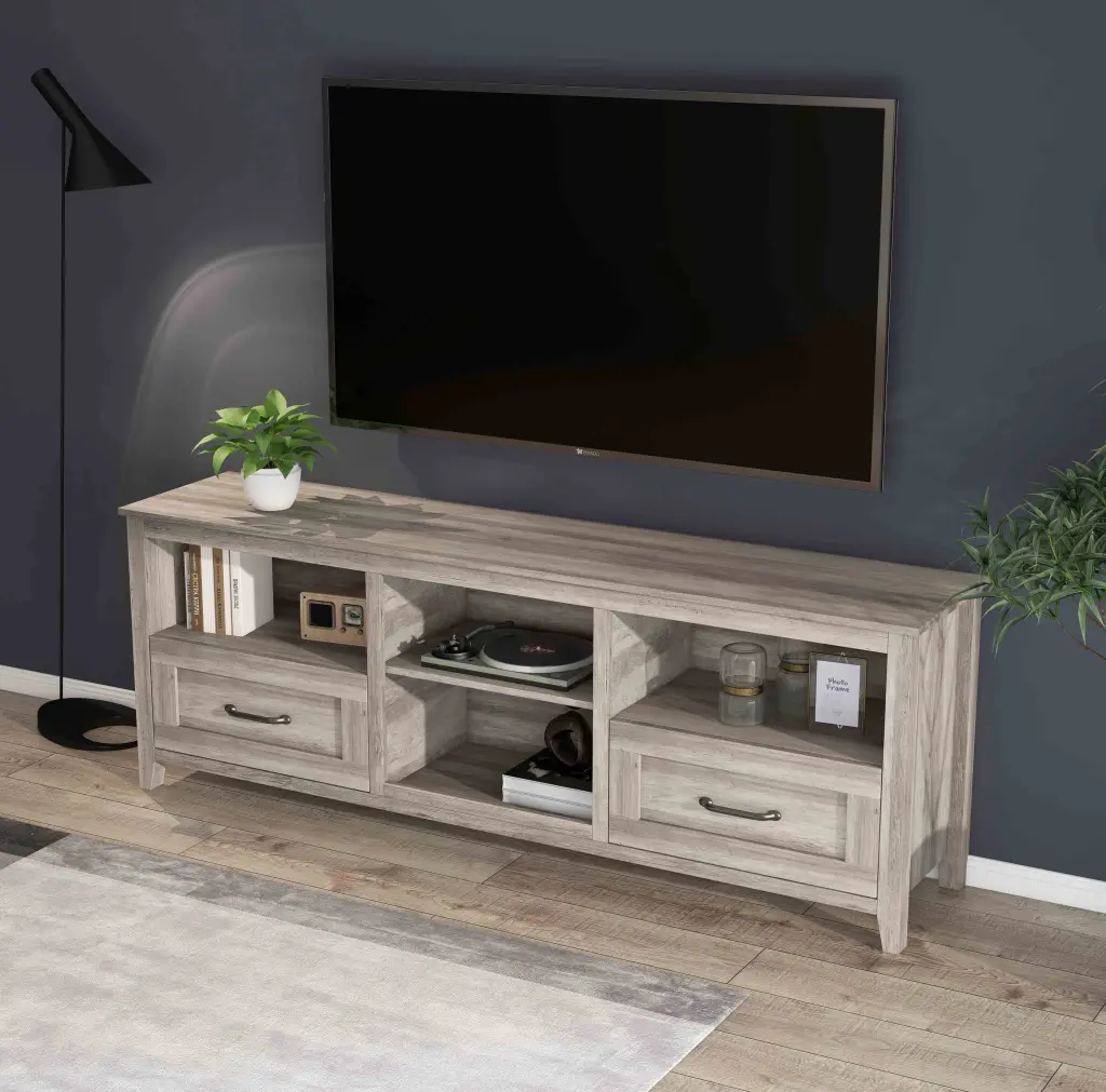 70.08 Inch Length TV Stand Living Room and Bedroom 2 Drawers and 4 High-Capacity Storage Compartments Grey Walnut DOLIHOME