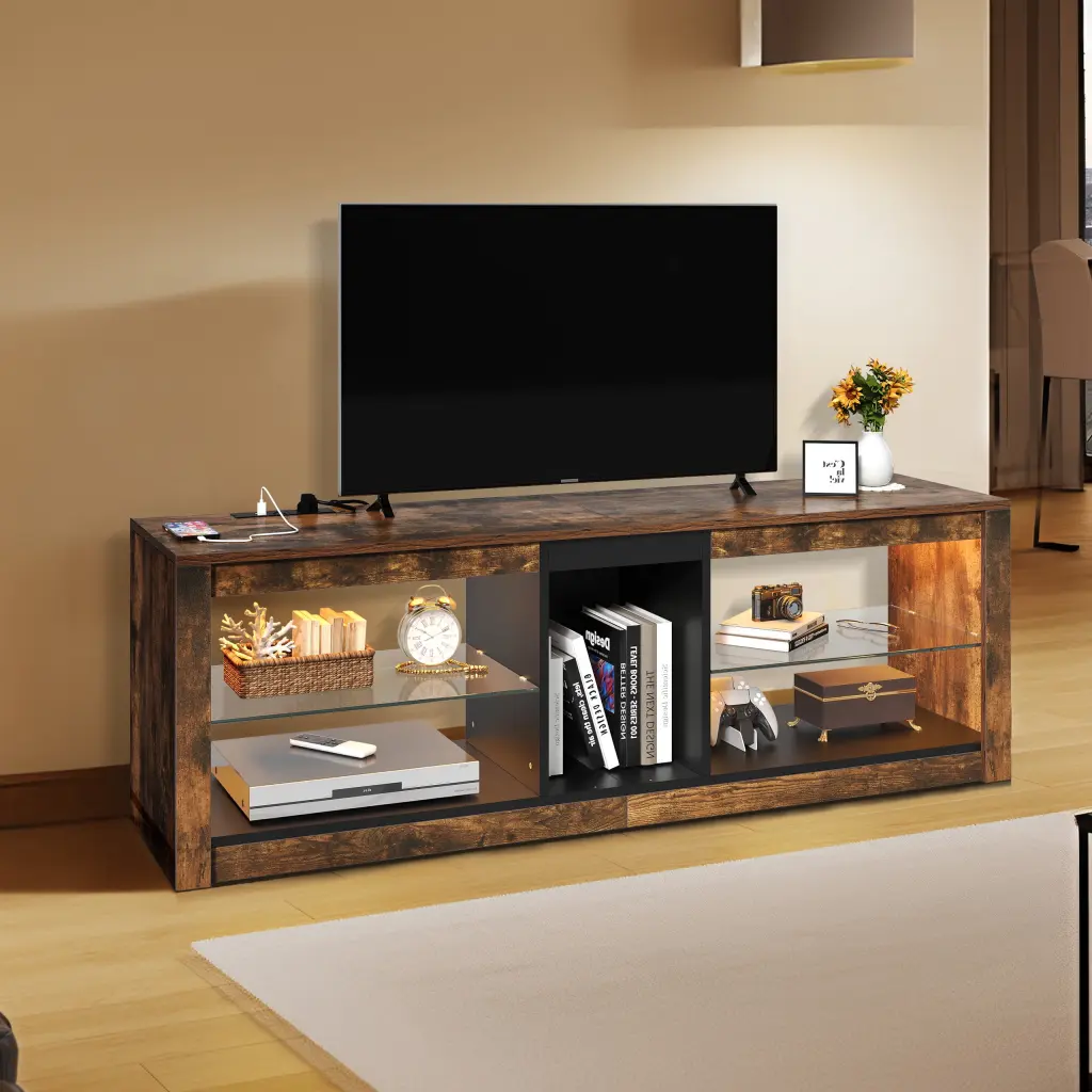 DWVO Farmhouse TV Stand LED Ambient Lights - Entertainment Center Open Shelf Storage 62 Inch TV Brown