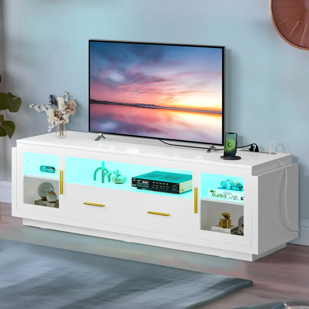 DWVO Modern 70 LED TV Stand 75 Inch TVs Power Outlets White Gold