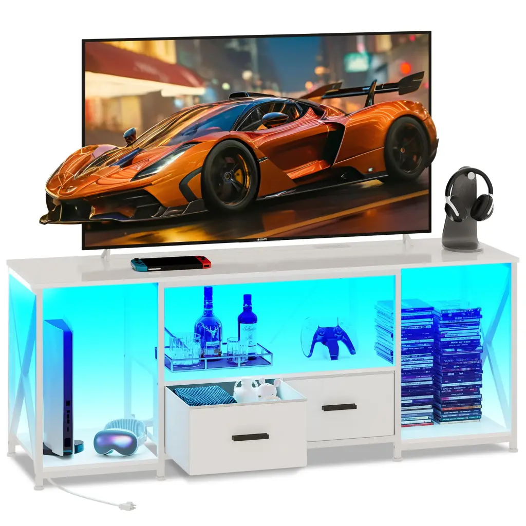 TV Stand Power Outlets and LED Lights - Modern Entertainment Center Built- Electrical Outlets EKNKOZY