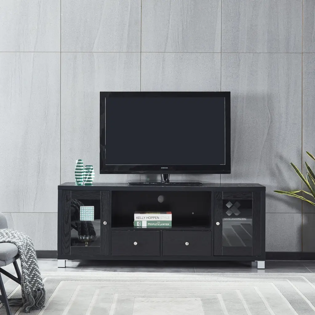 58 Inch Wood TV Stand Storage Cabinet and Open Shelves - Black Wood Grain Entertainment Center Living Room, Bedroom EYBOE