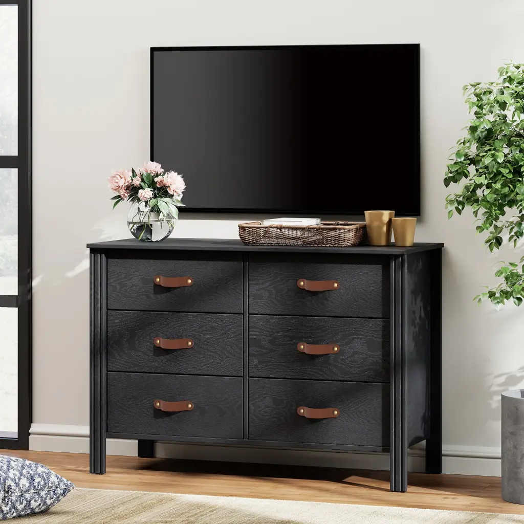 Black Dresser TV Stand 43 Inch TV 6 Drawers Storage Cabinet FITUEYES