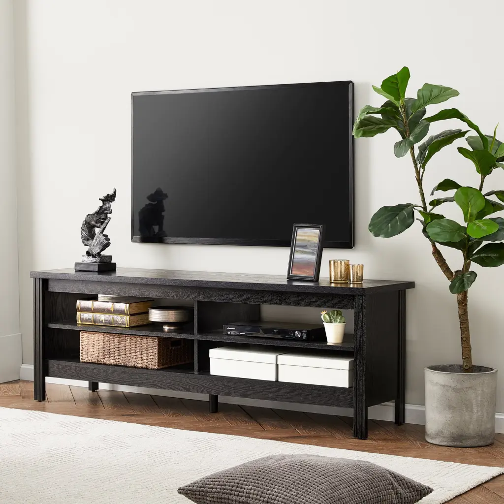Farmhouse Black Wood TV Stand 65 Inch TV 4 Cubby Storage FITUEYES