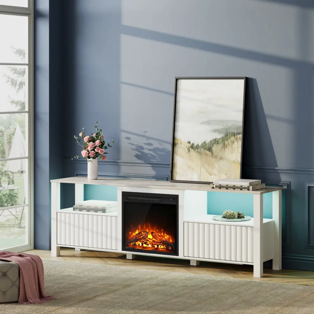 Fireplace TV Stand 75 Inch TVs Electric Fireplace and 4 Storage Spaces White FITUEYES