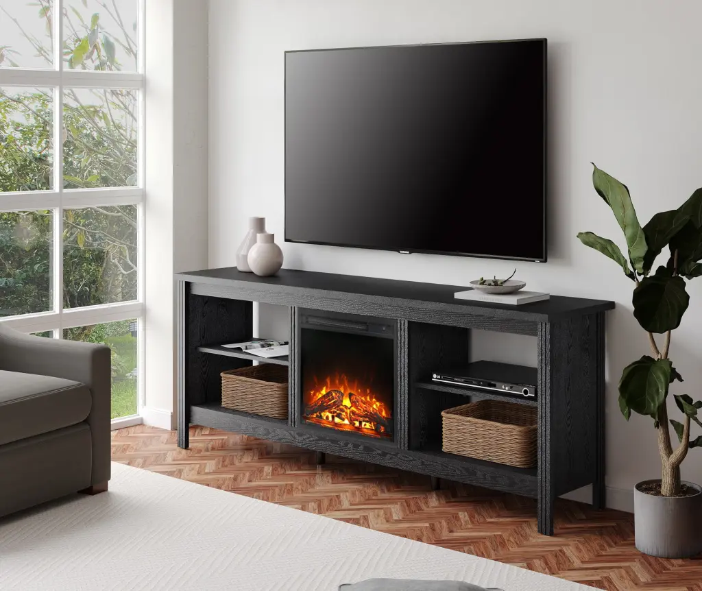 Fireplace TV Stand 75 Inch TVs 6 Storage Cabinets Black FITUEYES
