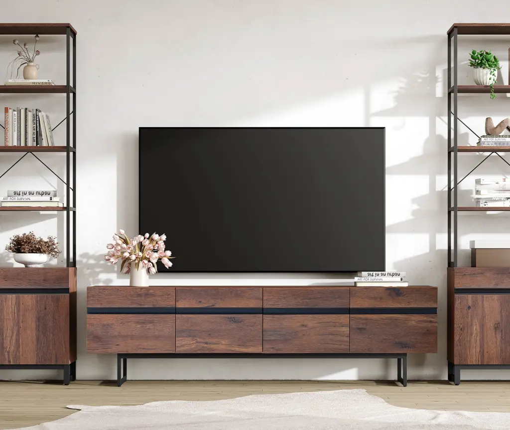 FITUEYES Brown TV Stand Drawers 75 Inch TVs - Sturdy Media Console Storage