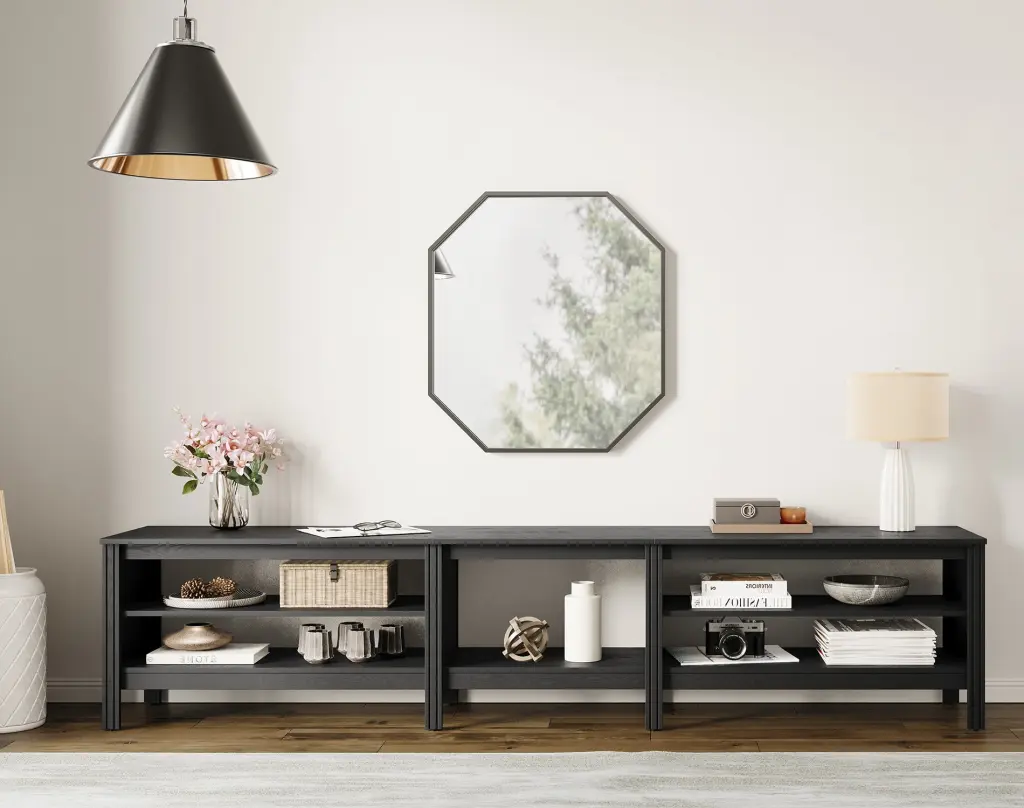 95 Inch Wood Media Console TV Stand 85 Inch Flat Screen TVs 6 Open Shelves Black FITUEYES