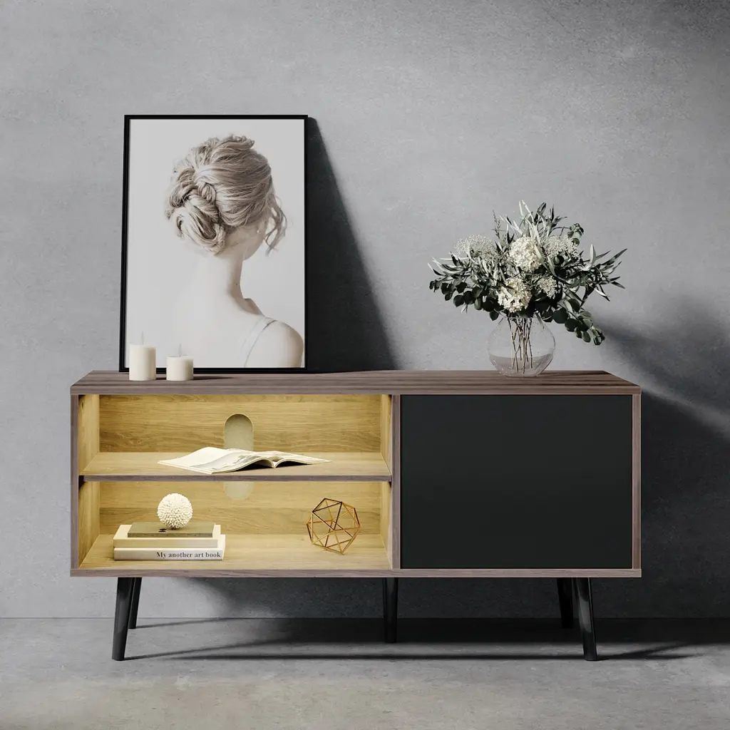 LED Mid Century Modern TV Stand 55 Inch Flat Screen Wood TV Cabinet Media Console Storage FITUEYES