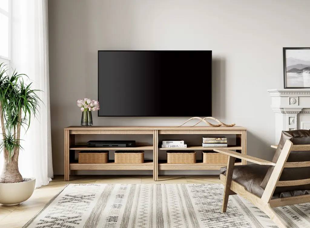 Oak TV Stand 75 Inch TV Farmhouse Wood TV Cabinet 4 Cubby Storage Living Room Bedroom 70 Inch FITUEYES