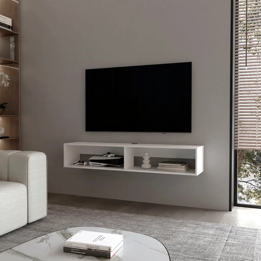 Central Floating Media Rack Melamine Two Shelves White Modern TV Stand fm furniture