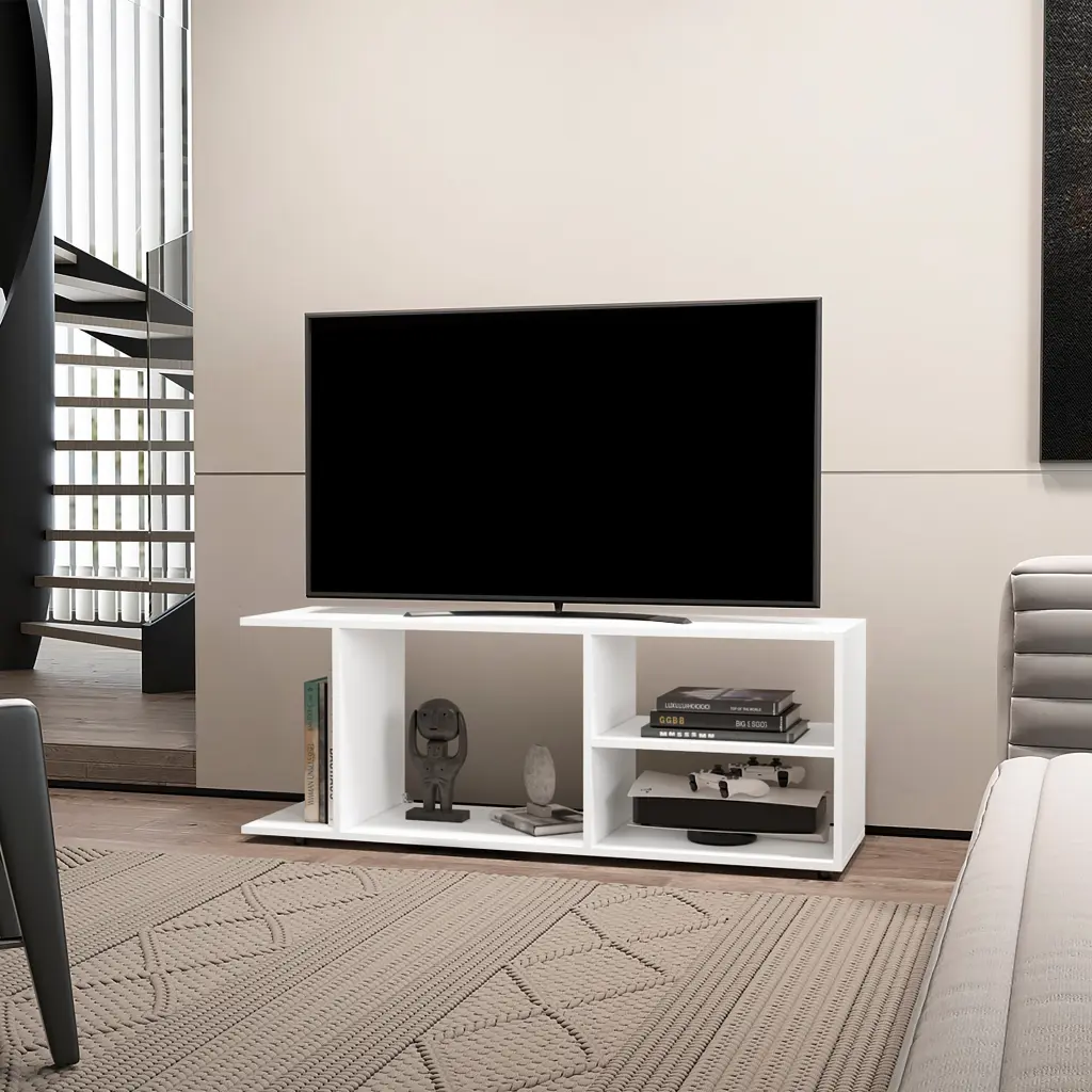 Tubac TV Rack Melamine Open Storage White Living Room Furniture fm furniture