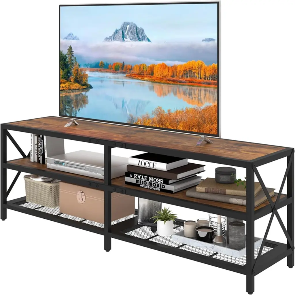Frmobepts 63 Inch TV Stand TVs up to 75 Inches Storage Shelves Rustic Brown Living Room