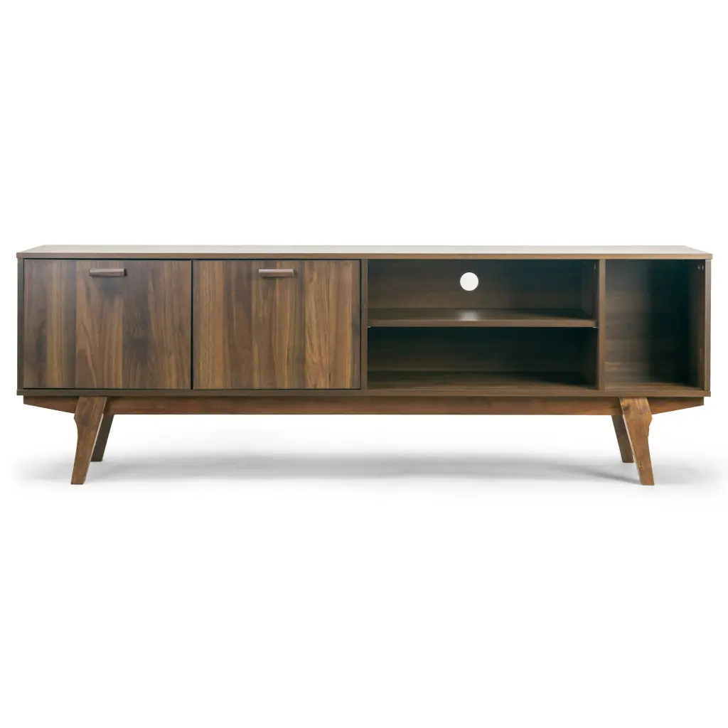 Glamour Home Anona 71 Inch Walnut Wood TV Stand 2 Cabinets and Open Shelves