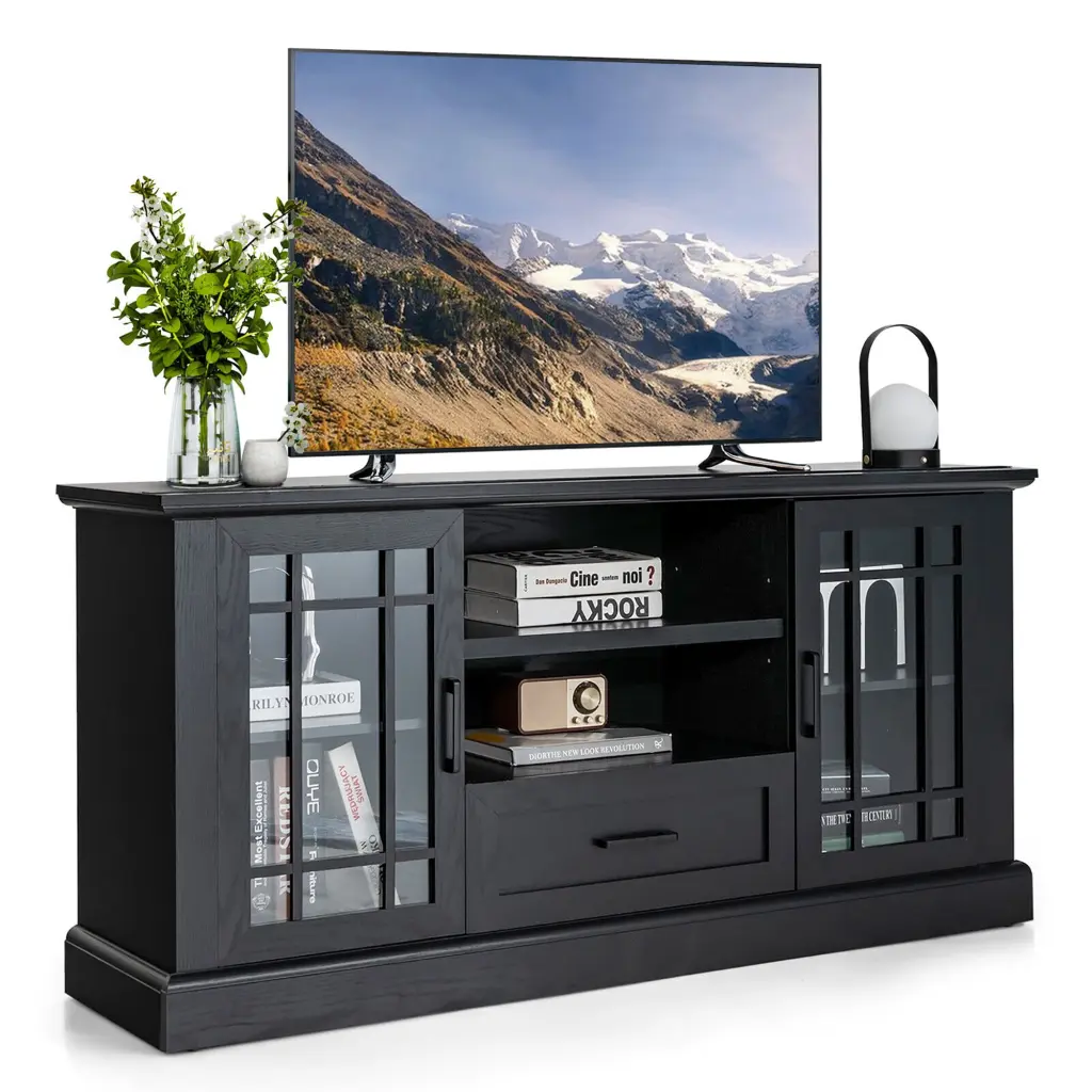 Gymax Farmhouse TV Stand 70 Inch TVs Media Center Glass Doors Cubbies and Drawer