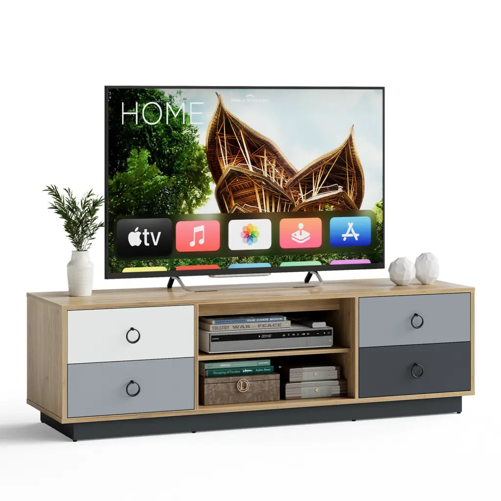 Gymax 55 Inch TV Stand Entertainment Media Center Storage Cabinets and Adjustable Shelves