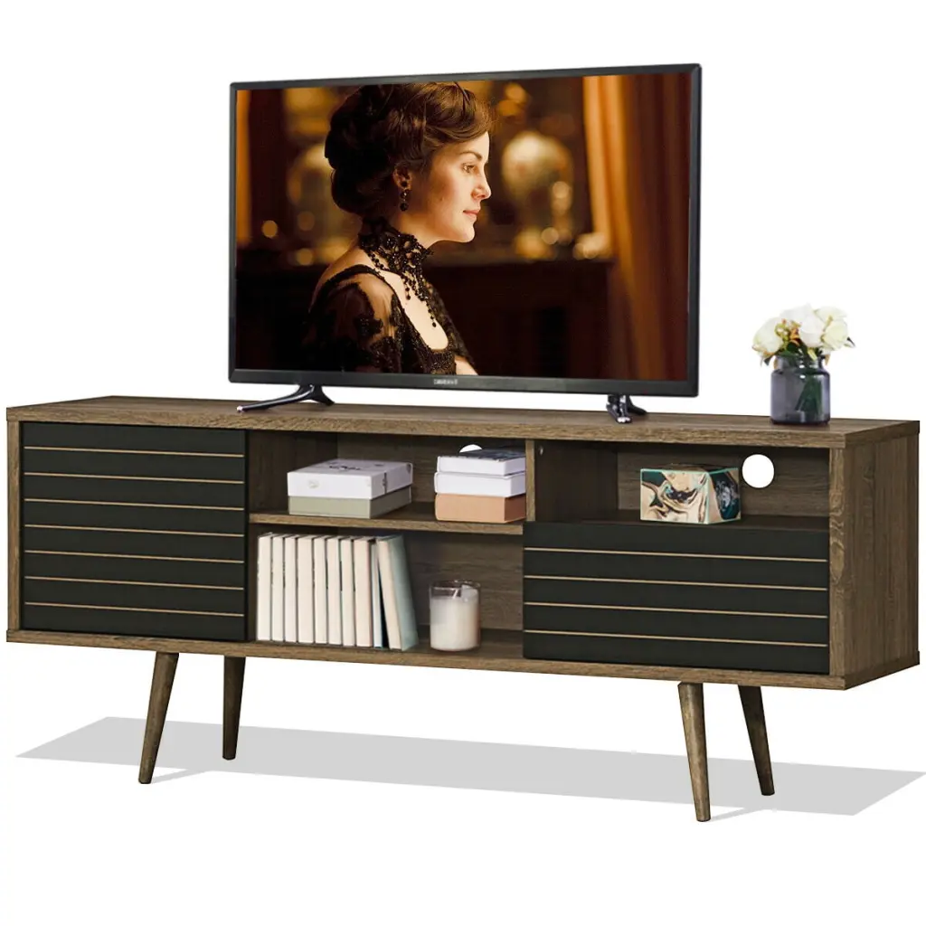 Gymax Modern TV Stand 3 Shelves and Storage Drawer Splayed Leg Black