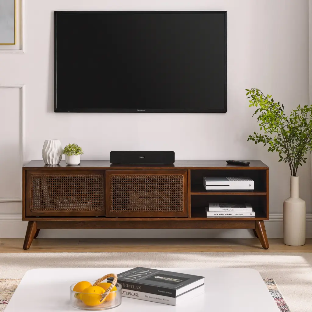 59 Inch Mid Century Modern Rattan TV Stand 65 Inch TVs haiyi furniture