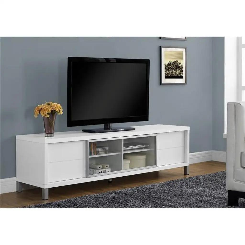 HomeRoots 19.75 . White Particle Board Hollow Core Clear Glass Euro Style TV Stand