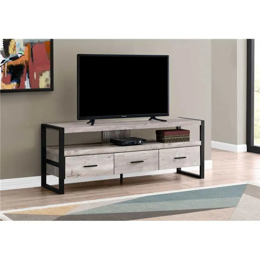 HomeRoots 21.75 . Taupe Particle Board Hollow Core Black Metal TV Stand 3 Drawers