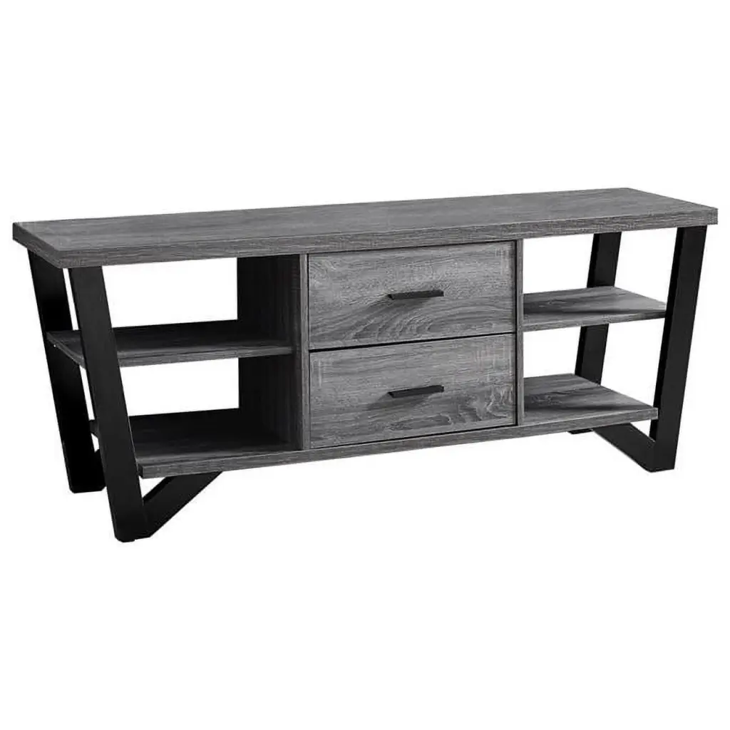 HomeRoots Gray Black Particle Board Hollow-Core Metal TV Stand 2 Drawers 15.5 x 60 x 23 Inches
