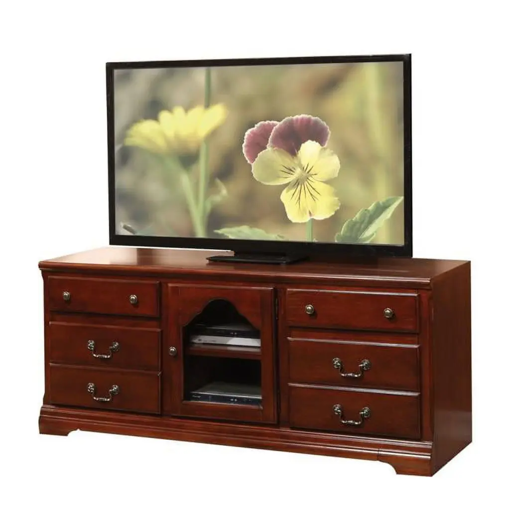 HomeRoots 58 Inch Cherry Wood Glass TV Stand