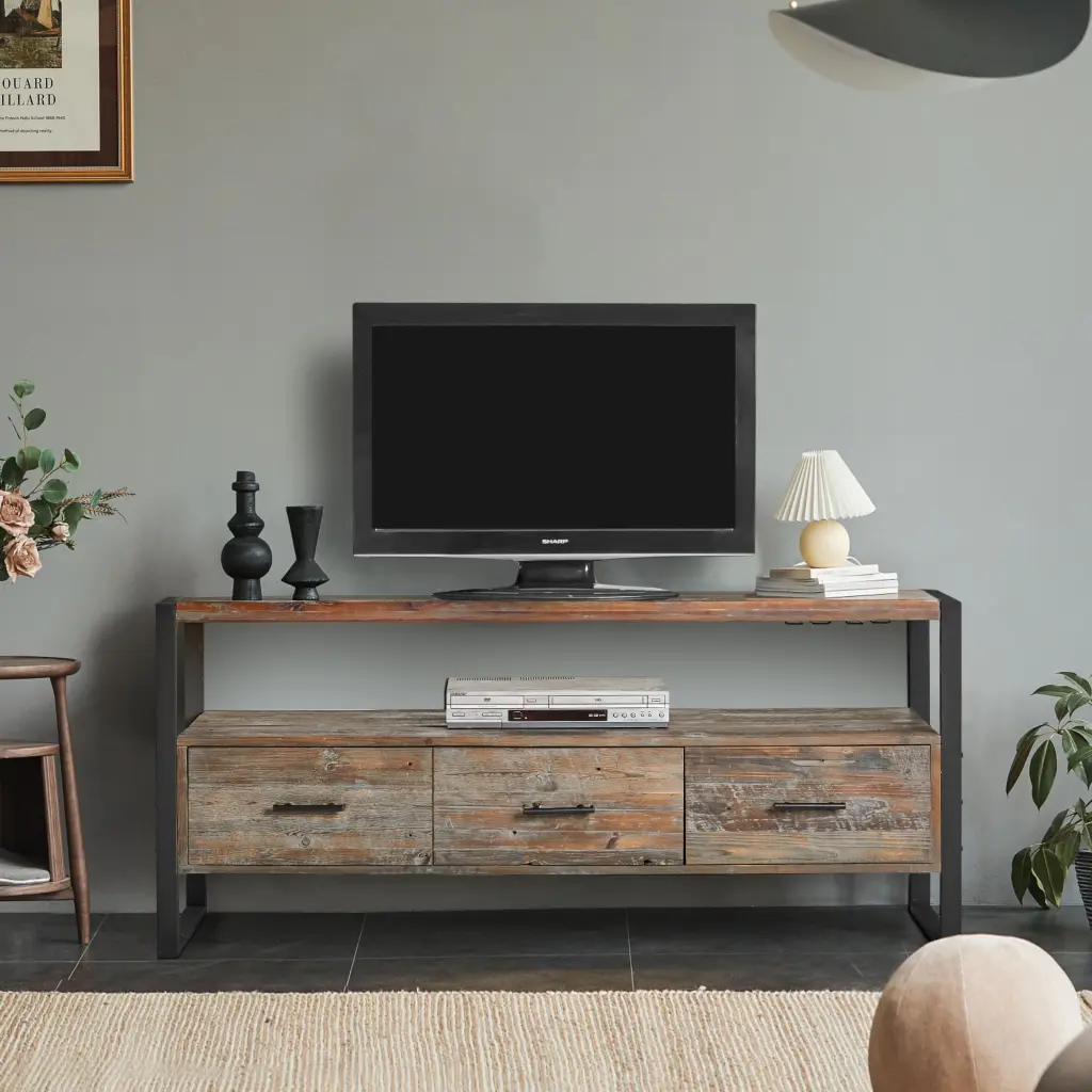 60 Inch Reclaimed Wood TV Console Table 3 Drawers and Open Shelves housemart