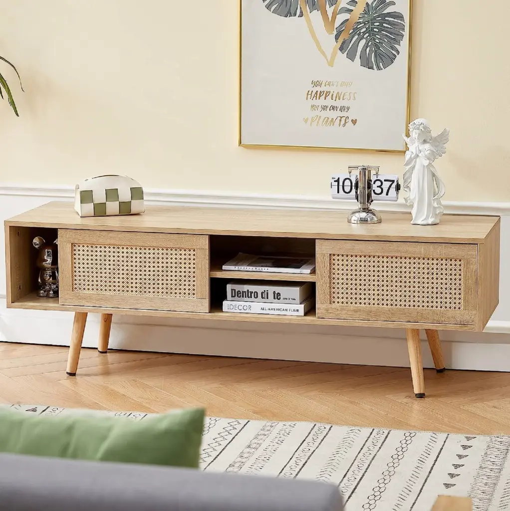 HUTWIFE Rattan TV Stand TVs up to 55 Farmhouse Media Entertainment Center Storage Natural Oak