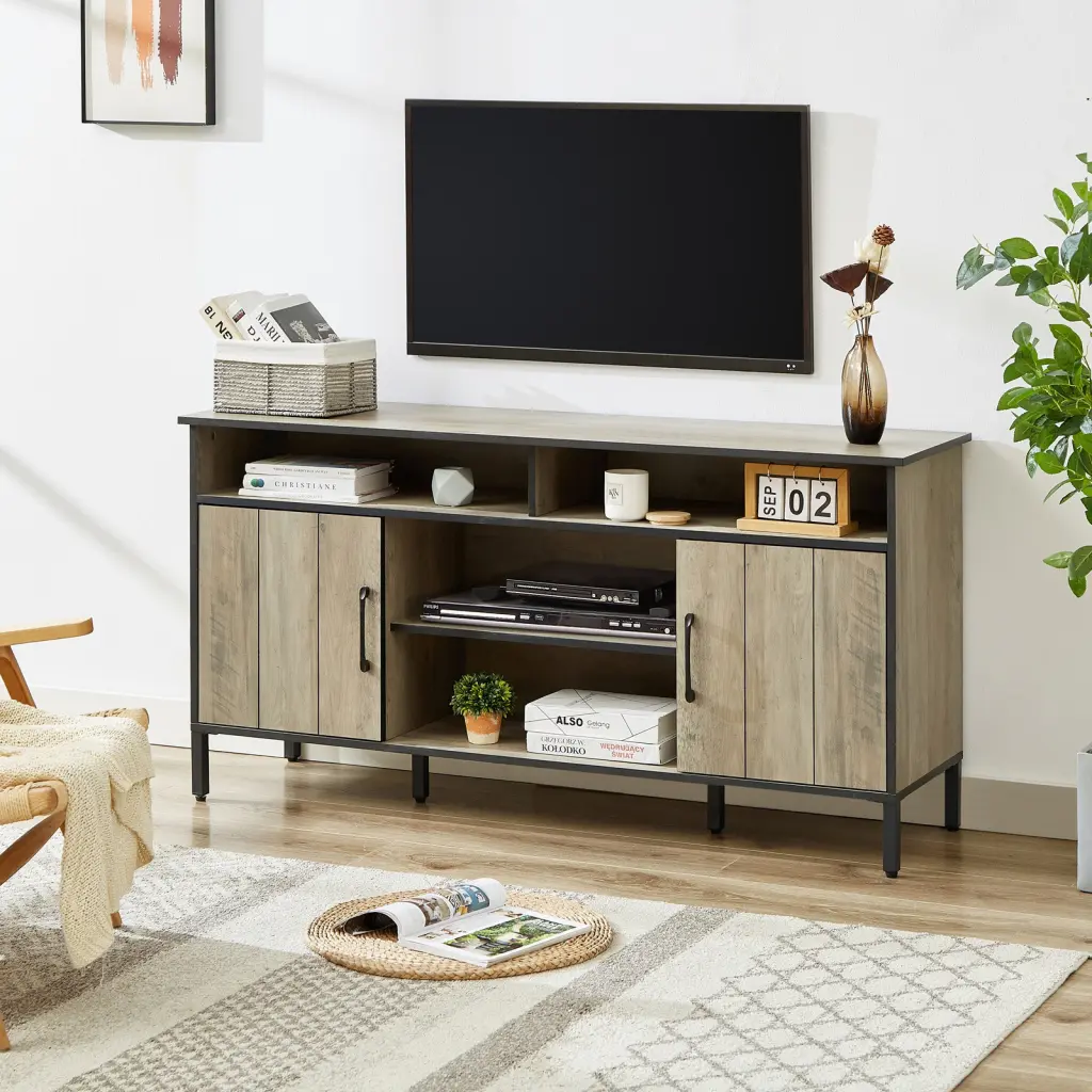 IbayNawi 58 Inch Wood Media TV Stand 65 Inch TVs - Open Shelves and Barn Door Cabinets - Gray