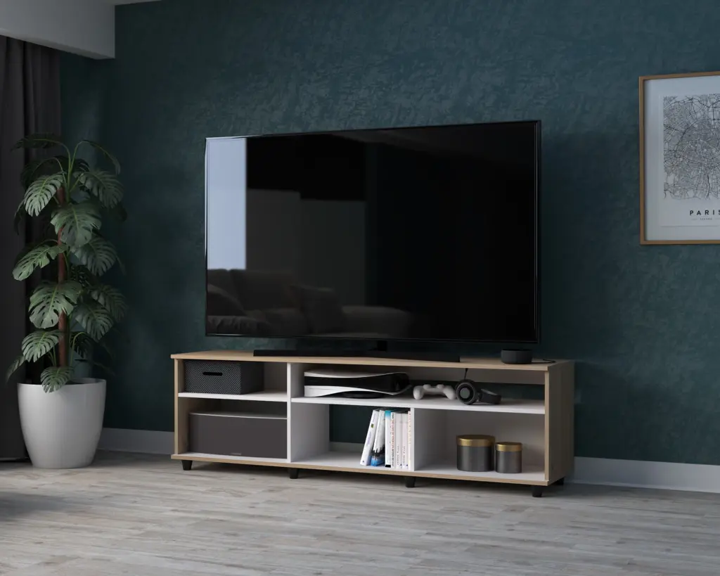 Inval 5-Shelf Modern TV Stand TVs up to 70 Inches White and Sand - Entertainment Center Storage