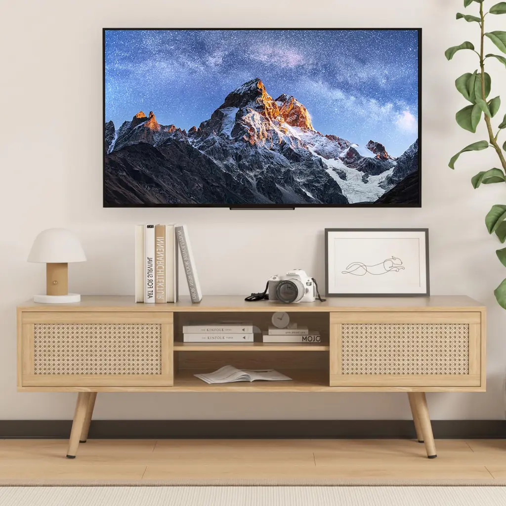 Rattan TV Stand 55 Inch TV Sliding Doors Modern Wood Entertainment Storage Cabinet IQCNGVX