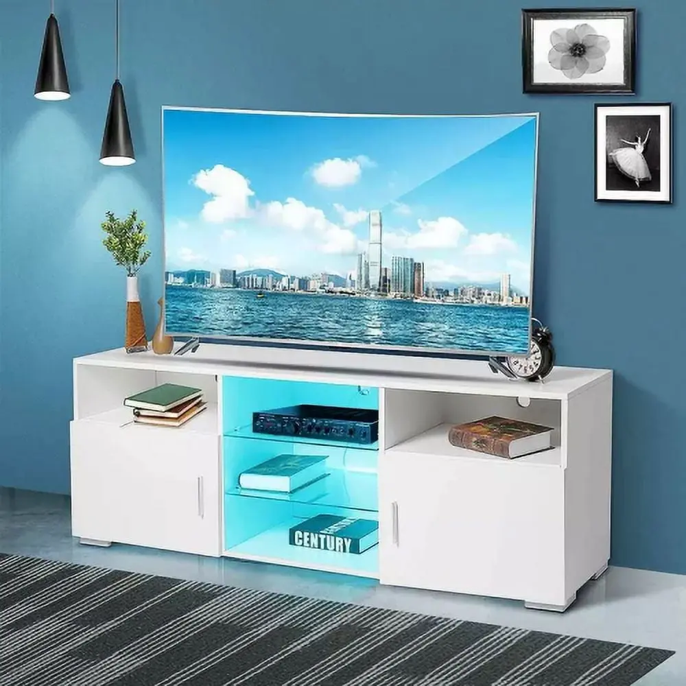 Modern TV Stand 32-60 Inch TVs Adjustable Glass Shelves, Drawer, and LED Lights - Entertainment Center Living Room, Bedroo...