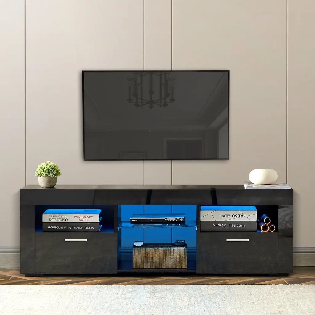Black Modern TV Stand LED Lights, High Glossy Front TV Cabinet jxy furniture